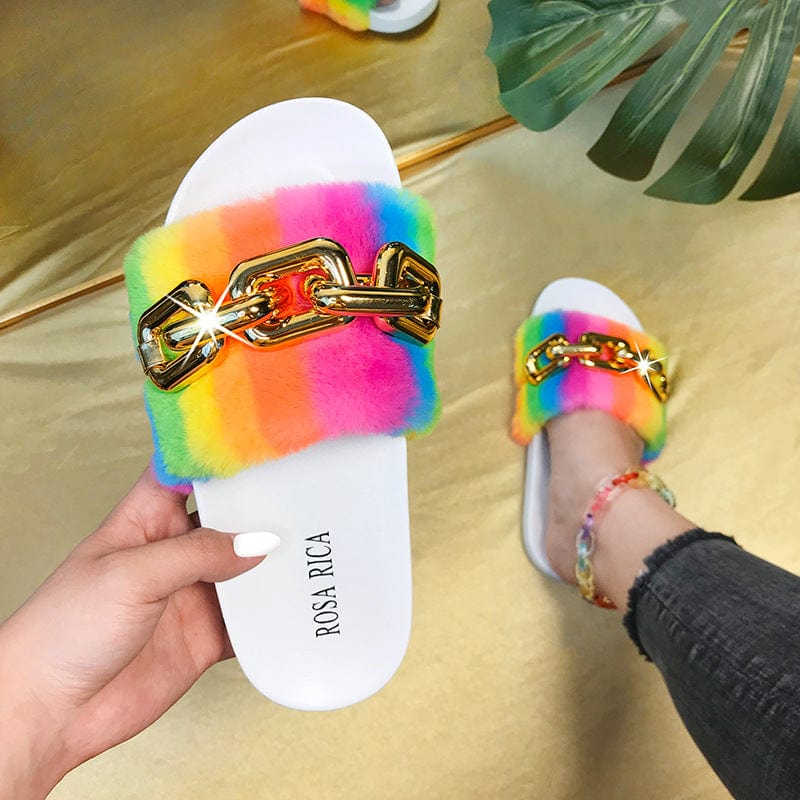 10 / White JANHE Selipar sepatu pantuflas chinelos slides footwear women's flats sandal colour Chain Fur slides slippers