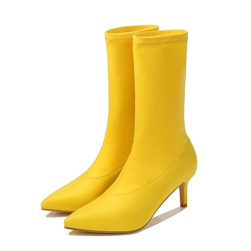 10 / Yellow JANHE bottes femme botas de mujer Candy Color Pointed stiletto High Heel ankle boots ladies shoes suede women's boot