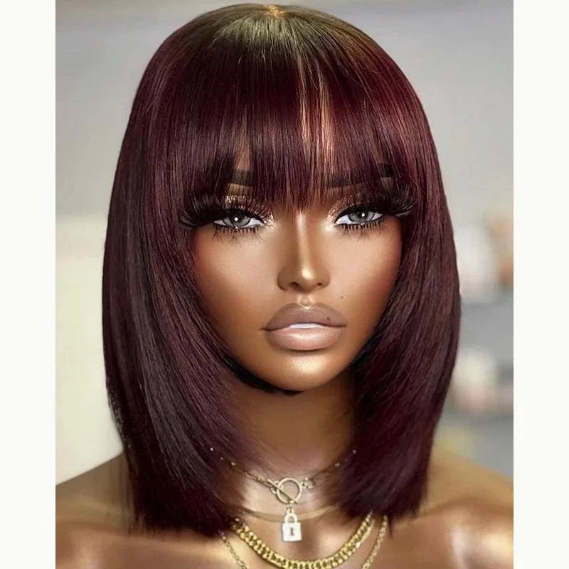 100% Natural Black Short Bob Wig With Bangs For Black Women,Brazilian Virgin Remy Straight Human Hair Fringe Bob Style Cut Wigs