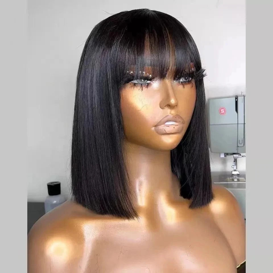 100% Natural Black Short Bob Wig With Bangs For Black Women,Brazilian Virgin Remy Straight Human Hair Fringe Bob Style Cut Wigs