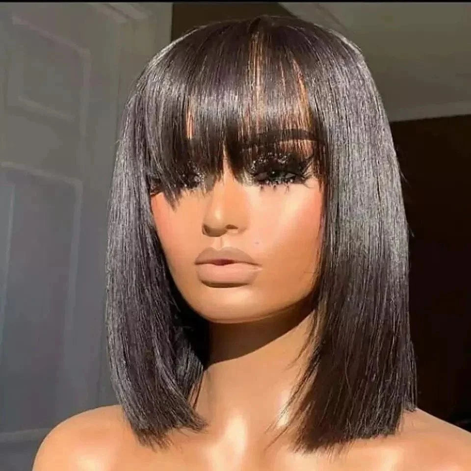 100% Natural Black Short Bob Wig With Bangs For Black Women,Brazilian Virgin Remy Straight Human Hair Fringe Bob Style Cut Wigs