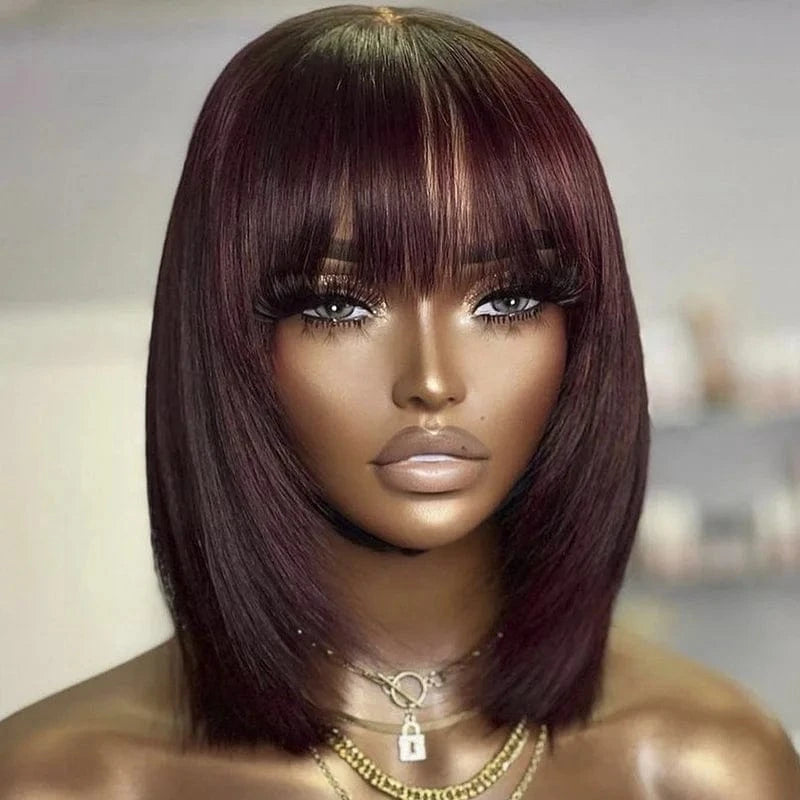 100% Natural Black Short Bob Wig With Bangs For Black Women,Brazilian Virgin Remy Straight Human Hair Fringe Bob Style Cut Wigs