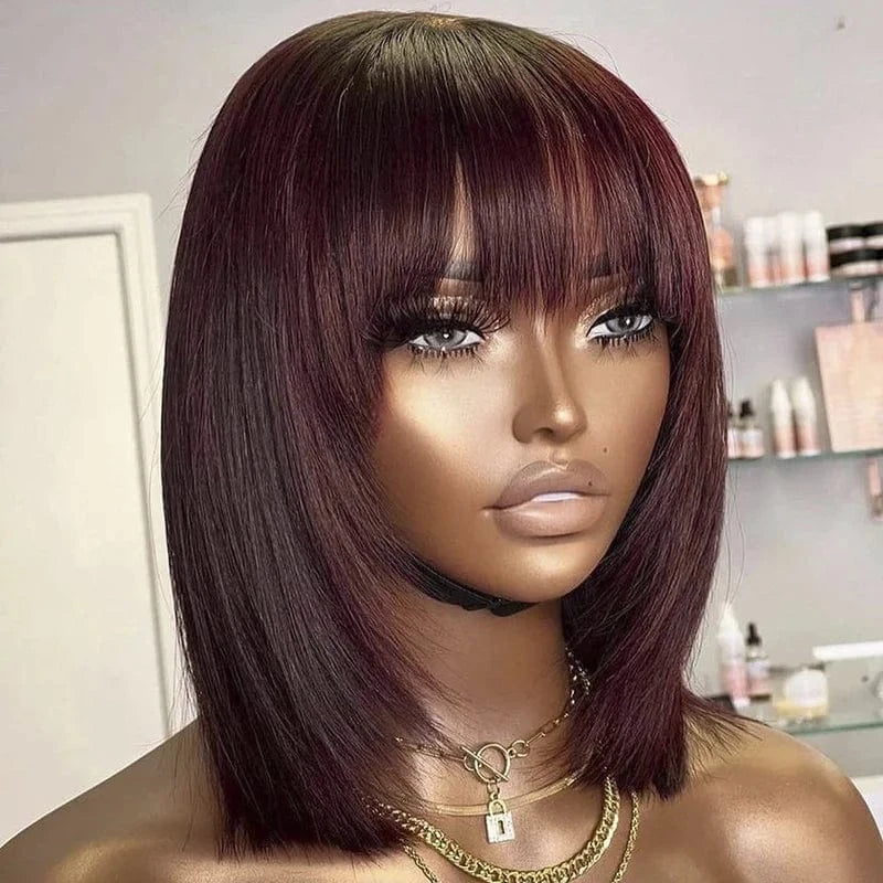 100% Natural Black Short Bob Wig With Bangs For Black Women,Brazilian Virgin Remy Straight Human Hair Fringe Bob Style Cut Wigs