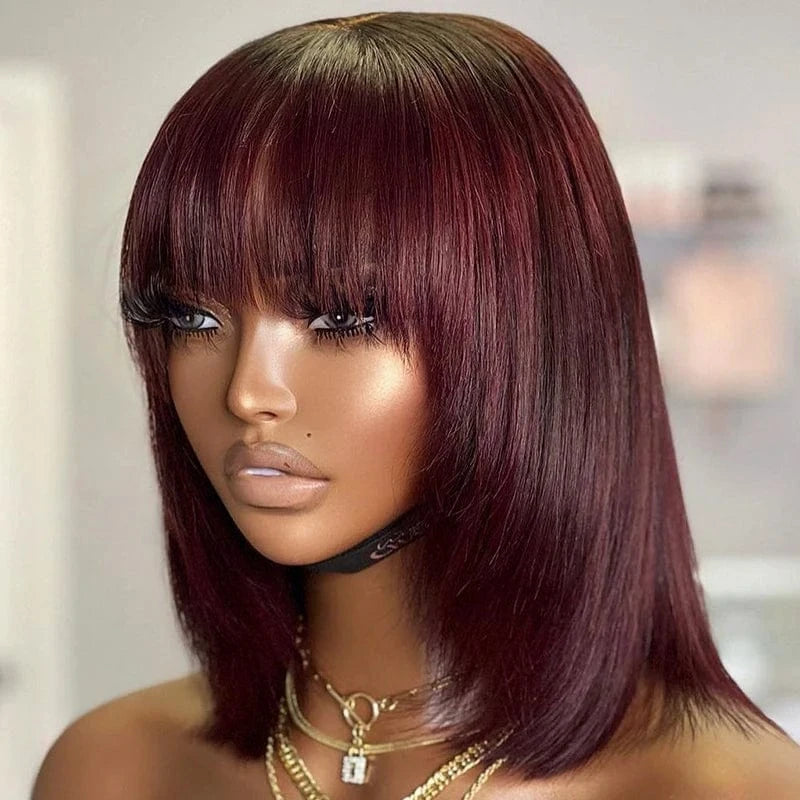 100% Natural Black Short Bob Wig With Bangs For Black Women,Brazilian Virgin Remy Straight Human Hair Fringe Bob Style Cut Wigs