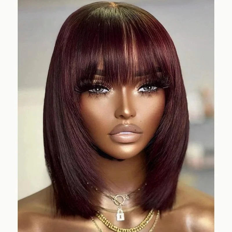 100% Natural Black Short Bob Wig With Bangs For Black Women,Brazilian Virgin Remy Straight Human Hair Fringe Bob Style Cut Wigs