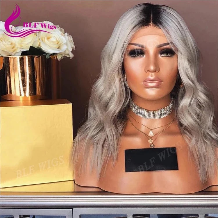 100% Peruvian Human Hair Glueless Lace Wig Short Bob Gray Lace Front Wig with Dark Root