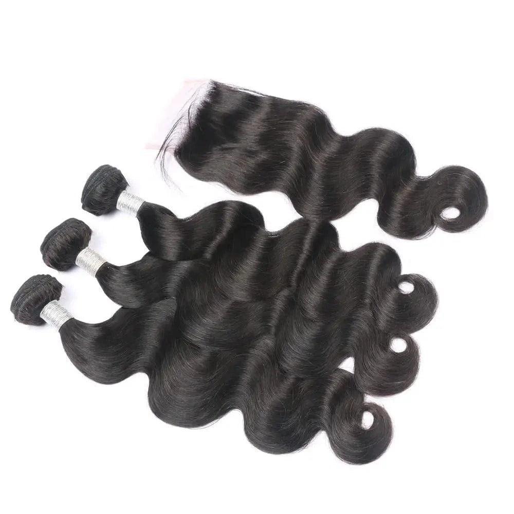 100% Unprocessed virgin human hair 3 body wave with closure double machine weft