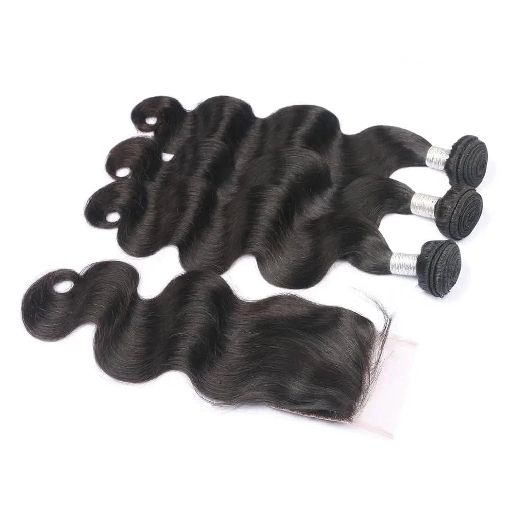 100% Unprocessed virgin human hair 3 body wave with closure double machine weft