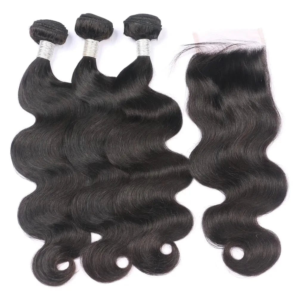 100% Unprocessed virgin human hair 3 body wave with closure double machine weft