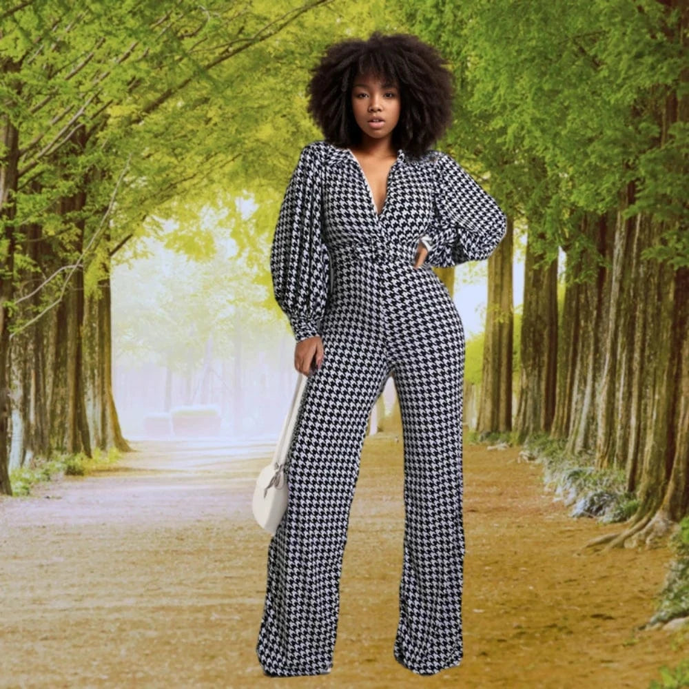 10510-MX90 Trendy Houndstooth Printed long Sleeve OL Women Jumpsuit With Belt