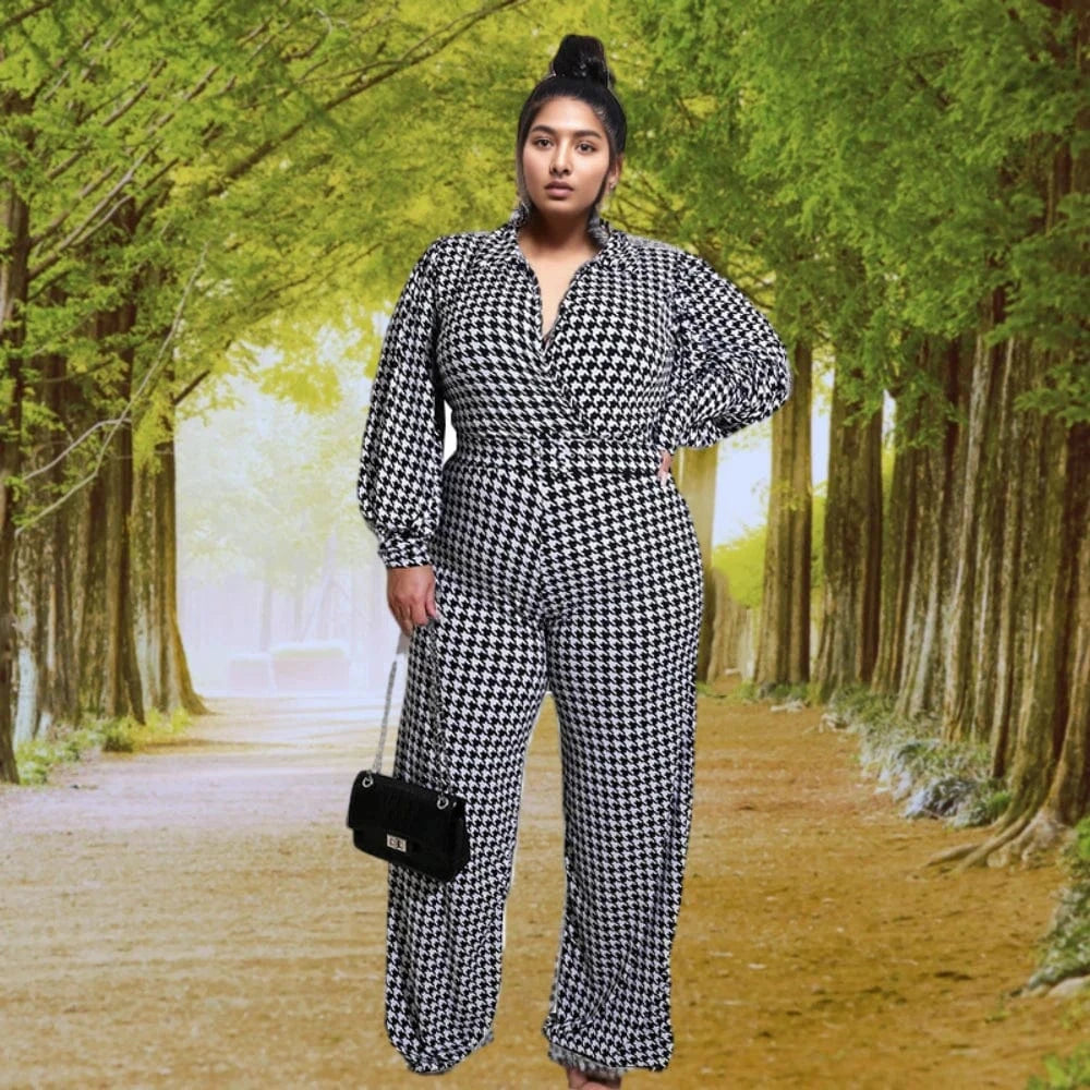 10510-MX90 Trendy Houndstooth Printed long Sleeve OL Women Jumpsuit With Belt