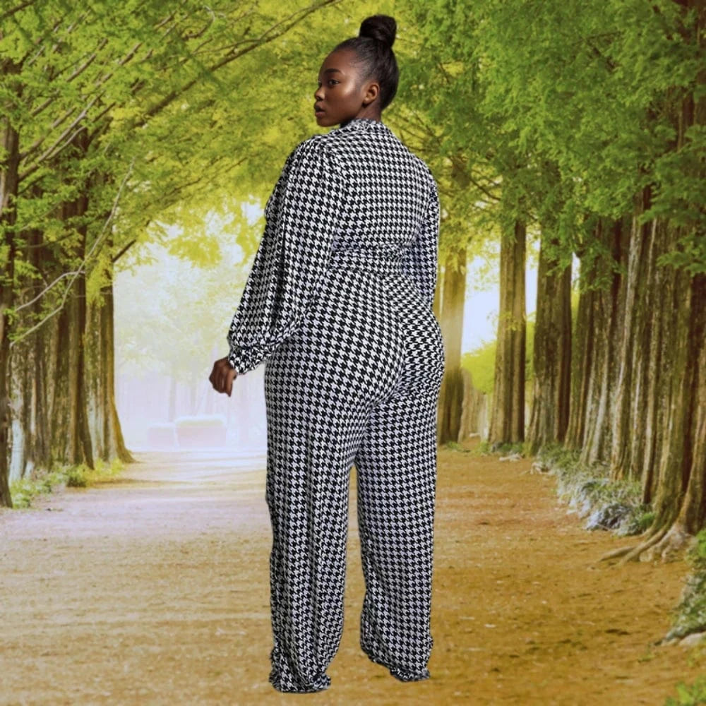 10510-MX90 Trendy Houndstooth Printed long Sleeve OL Women Jumpsuit With Belt