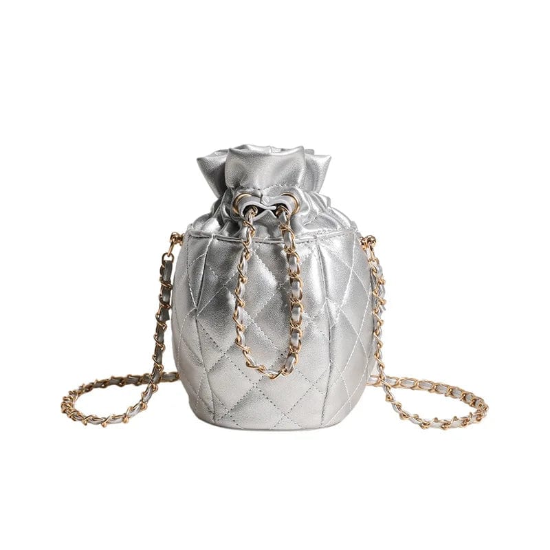 11x11x20cm / 6141 Silver New Quilted Bucket Tote Bag For Women Crossbody Female Handbag Diamond Lattice Small PU Luxury Designer Fashion Shoulder Bags