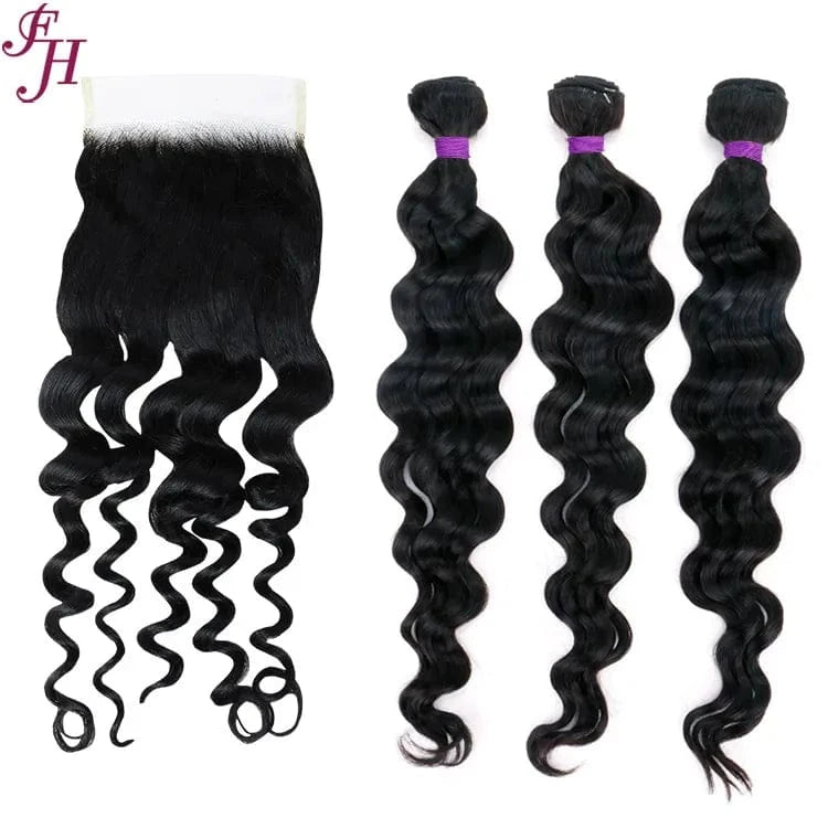 12",14",16"+ 12" 4x4 transparent lace closure / Loose deep FH wholesale cheap brazilian virgin human hair bundle lace frontal 4x4 transparent lace closures with 3 raw hair bundles