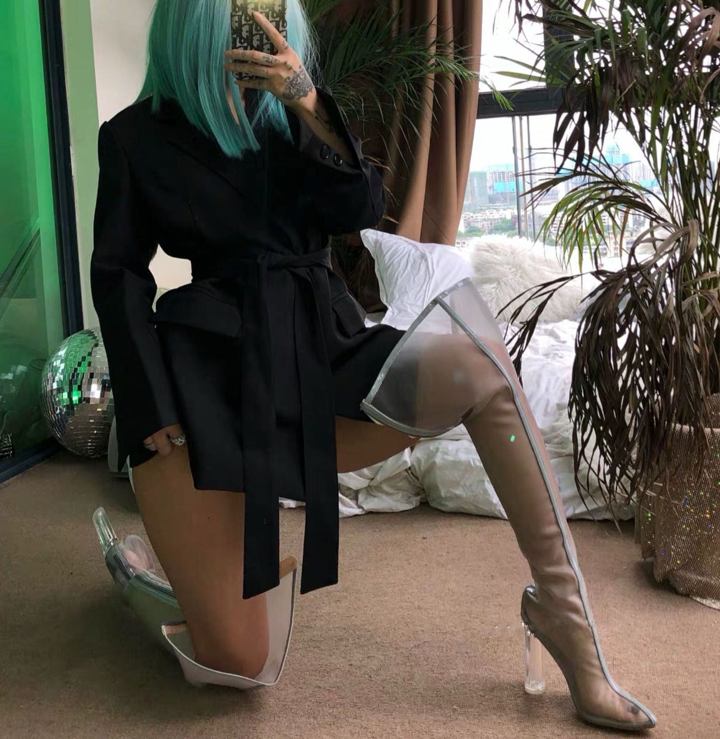 12.5 / Grey TX personalized plus size sexy mesh clear chunky heels classic pointy toe stilettos shoes long over knee high boots for women