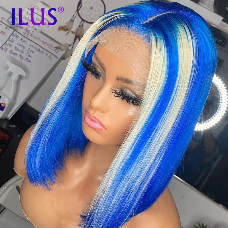 12 Inches / 025# Hot Sale Free Shipping Straight Colored Short Bob Wigs Pink/Purple/Bule/Red Lace Front Human Hair Wigs For Black Women Brazilian