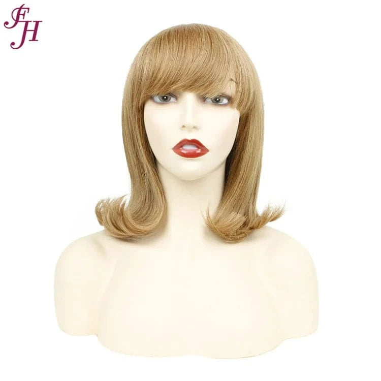12 Inches / #27 FH Wholesale India Virgin 180% Density Human Hair Wig 12 Inch Straight Brown Bob Machine Made Wig 100% Human Hair Wig With Bang