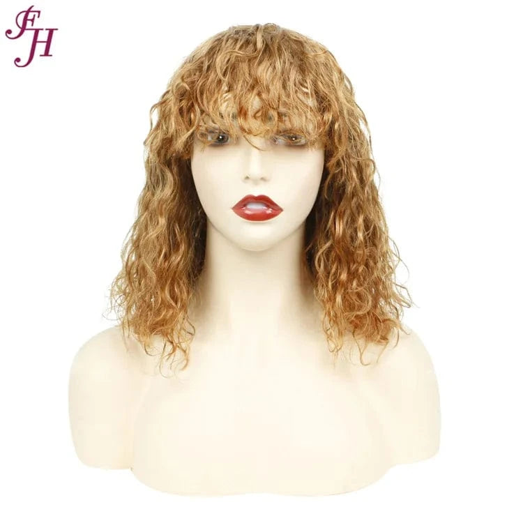 12 Inches / #30 FH Brazilian 100% Virgin Human Hair Wig 12 Inches Curly 99j Colored Bob Raw Human Hair Wig Brazilian Human Hair Wig With Bang