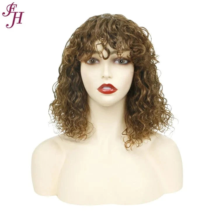 12 Inches / #4 FH Brazilian 100% Virgin Human Hair Wig 12 Inches Curly 99j Colored Bob Raw Human Hair Wig Brazilian Human Hair Wig With Bang
