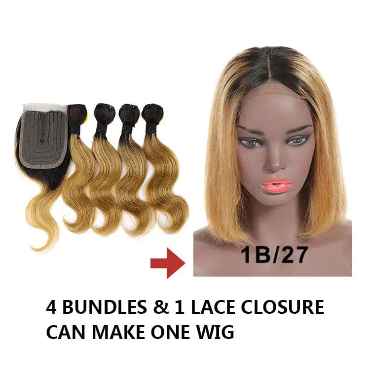 12 inches (4pcs bundle + 1 pc closure) / T1B/27# Ombre red brown blond color Hair