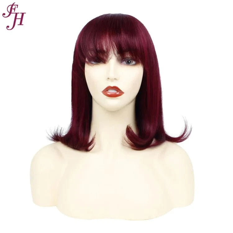 12 Inches / #99j FH Wholesale India Virgin 180% Density Human Hair Wig 12 Inch Straight Brown Bob Machine Made Wig 100% Human Hair Wig With Bang