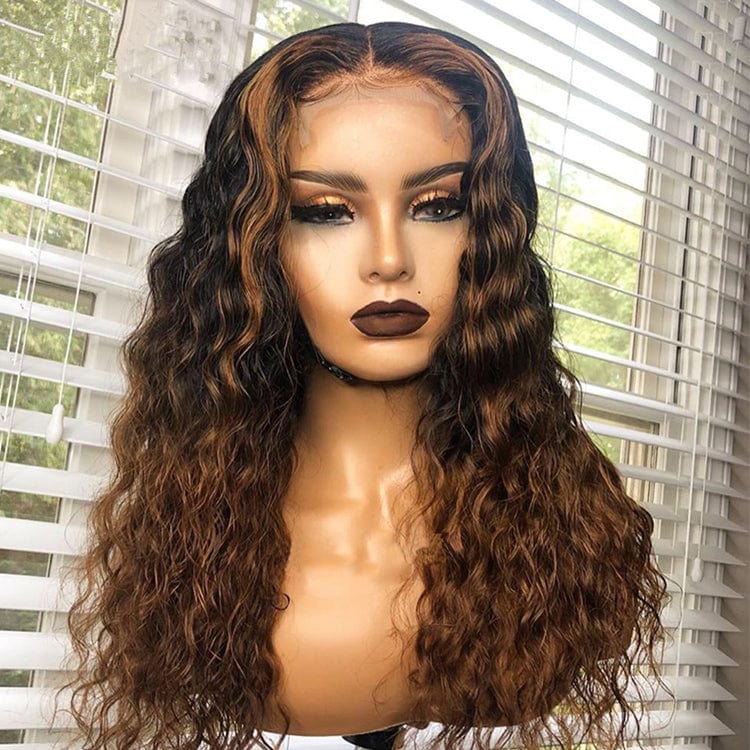 12 Inches / Color 12 Bleached Knots Wet Curly Brown Highlight Color Full Cuticle Aligned Human Hair HD Lace Front Wigs With Baby Hair