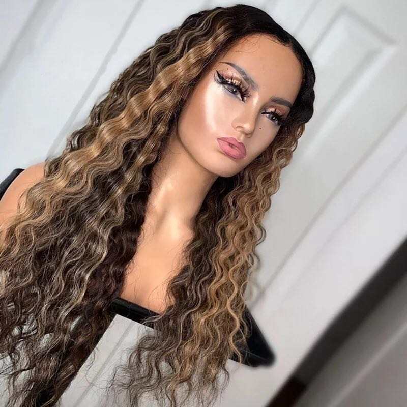 12 Inches / Color 4 Bleached Knots Wet Curly Brown Highlight Color Full Cuticle Aligned Human Hair HD Lace Front Wigs With Baby Hair
