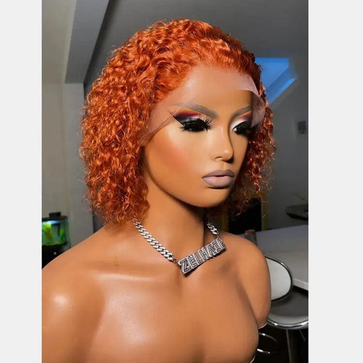 12 Inches / # Color1 Ginger Color Kinky Curly Bob Wig Bleached Knots With Baby Hair Cuticle Aligned Brazilian Hair Lace Front Wigs