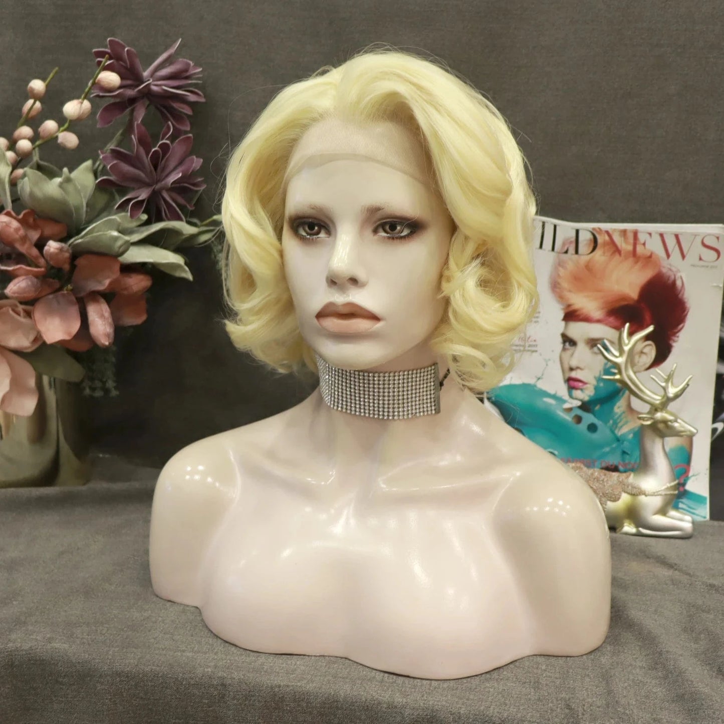 12 Inches / N24-613-GL Celebrity 12inch Short Curly style blond 613 synthetic hair wigs Matte Heat Resistant Fiber Same Human Hair Lace Front Wig