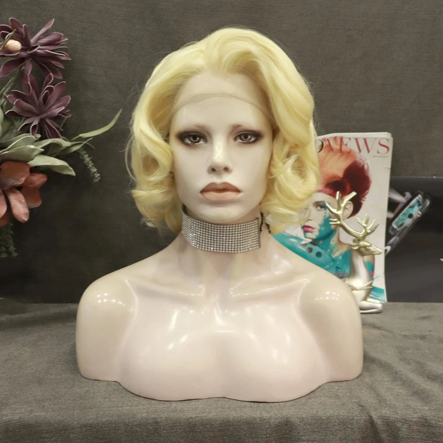 12 Inches / N24-613-GL Celebrity 12inch Short Curly style blond 613 synthetic hair wigs Matte Heat Resistant Fiber Same Human Hair Lace Front Wig
