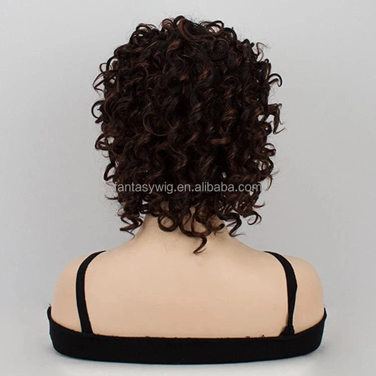 12 Inches / Natural black mix brown Curlycrazy Curly Wig With Bangs Short Easy Wear Full Thin Skin Heat Resistant Afro Kinky Curly Bob None Lace Wig For BLack Women