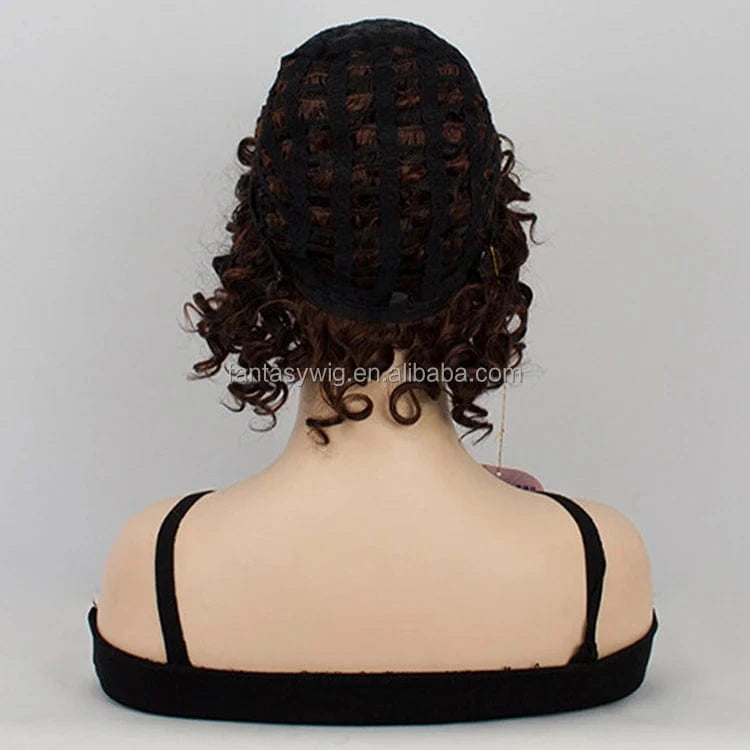 12 Inches / Natural black mix brown Curlycrazy Curly Wig With Bangs Short Easy Wear Full Thin Skin Heat Resistant Afro Kinky Curly Bob None Lace Wig For BLack Women