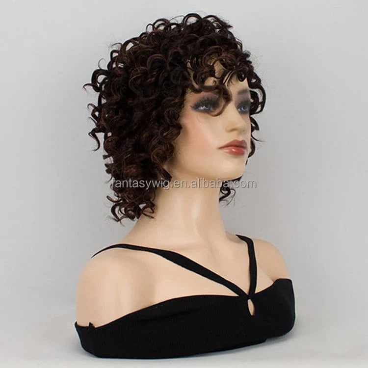 12 Inches / Natural black mix brown Curlycrazy Curly Wig With Bangs Short Easy Wear Full Thin Skin Heat Resistant Afro Kinky Curly Bob None Lace Wig For BLack Women