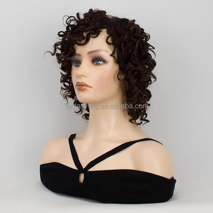 12 Inches / Natural black mix brown Curlycrazy Curly Wig With Bangs Short Easy Wear Full Thin Skin Heat Resistant Afro Kinky Curly Bob None Lace Wig For BLack Women