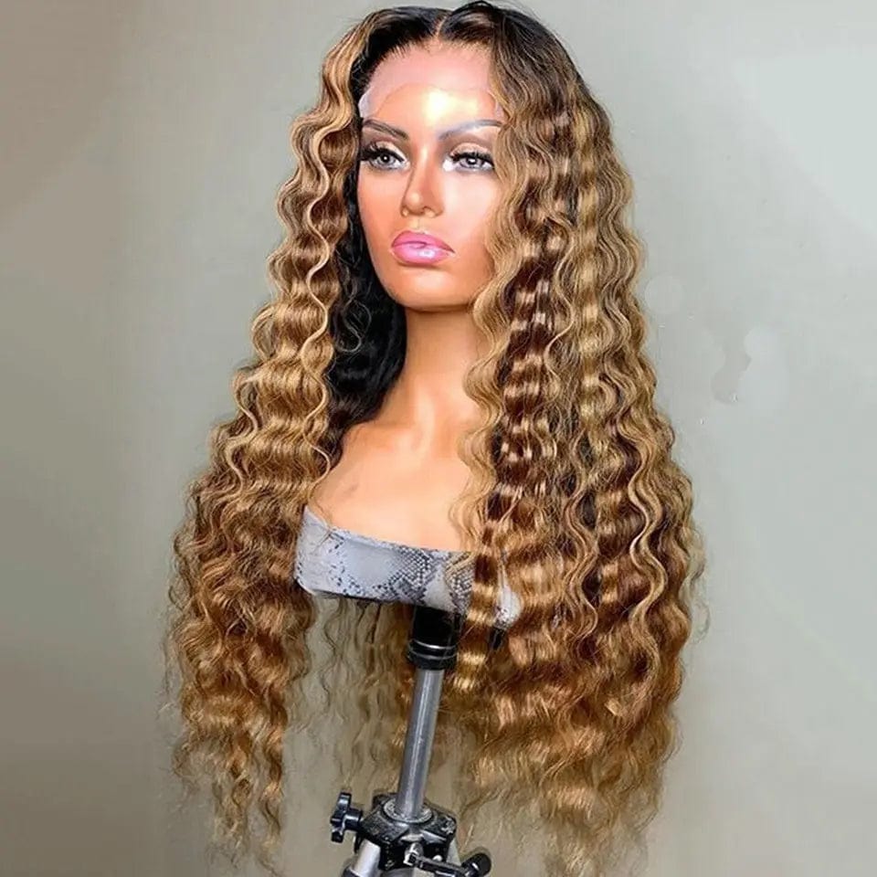 12 Inches / Ombre Brown Color Water Curly Ombre Brown Color Brazilian Virgin Cuticle Aligned Human Hair Lace Front Wigs