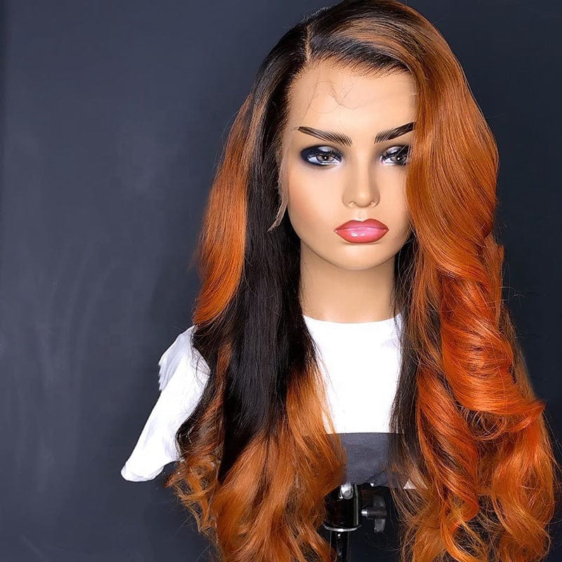 12 Inches / Ombre Reddish Brown Color Swiss Lace Ombre Honey Blonde Color High Ponytail Body Wave Cuticle Aligned Human Hair HD Lace Front Wigs