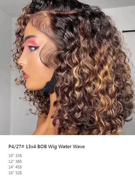 12 Inches / P4/27 Bob Wig Water Wave Cheap Price Hot Sale Bone Straight Bob Wigs Brazilian Human Hair Frontal Wigs Double Drawn Transparent HD Full Lace Front Wig