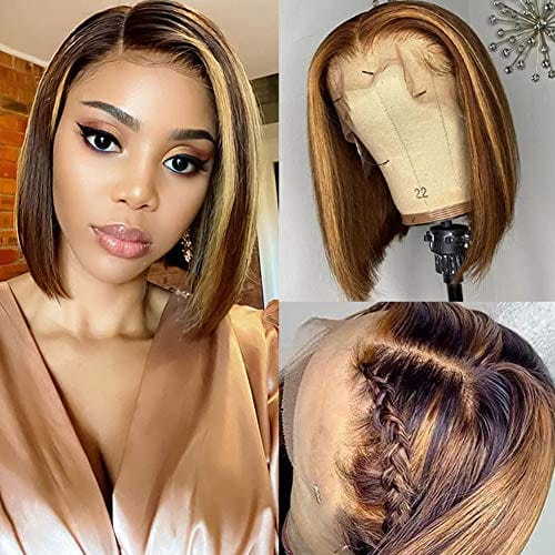 12 Inches / ST T part Bob 150% Glueless Pre Plucked Lace Highlight T-part Bob Wig,P427 Color Hd Transparent Swiss Lace front Human Hair Wig Highlight Staight
