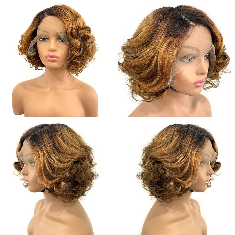 12 Inches / XY-2063 Mayqueen Wholesale Human Hair Super Double Drawn Bob Straight With Bang Natural Ombre Color Closure Lace Frontal Wigs For Black