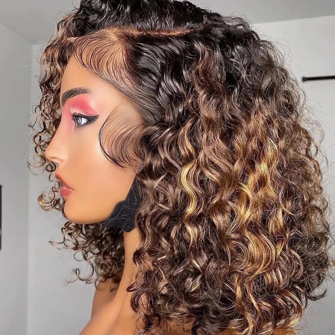 12inch 180%Density Ombre Colored Curly 4X4 5X5 Glueless Closure Wigs For Black Women,Brazilian Raw Virgin 100% Human Hair Wigs