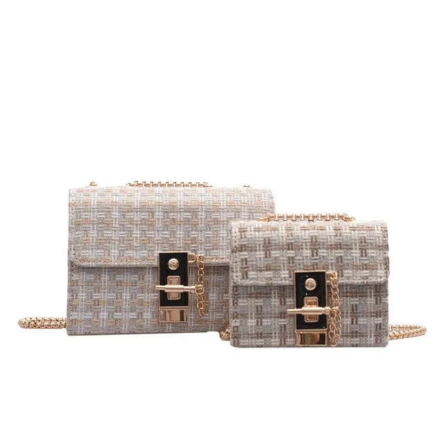 12x5x9cm Small / White Mini Chains Weaving Crossbody Bag Women Winter Tweed Wool Handbag Designer Satchels Female Trendy Lock Shoulder Messenger Bags