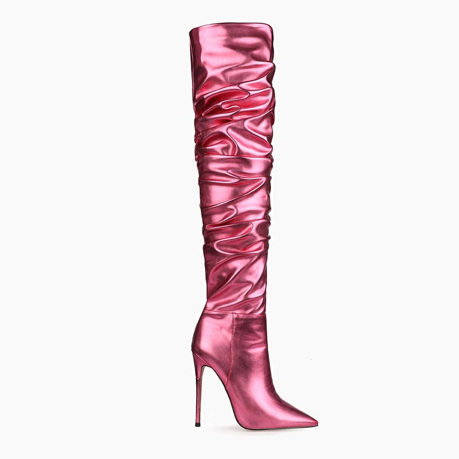 13.5 / Pink TX new design side zipper folding pointed toe red ladies stiletto shoes over the knee long boots thigh high for women