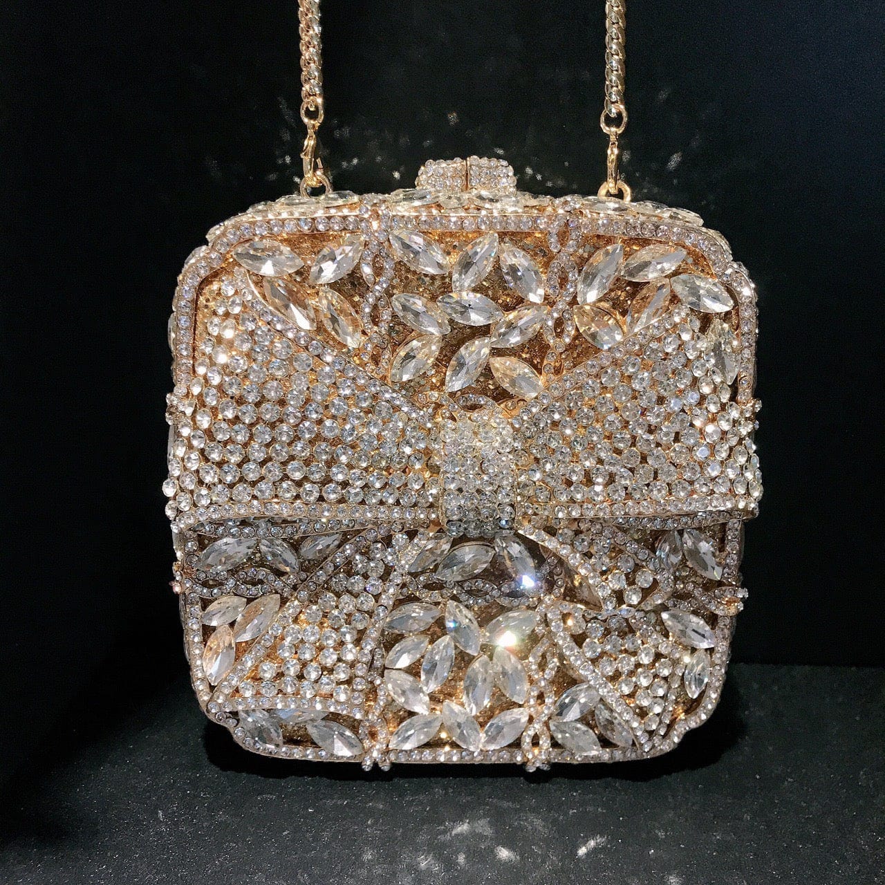 13X13X7CM / Light Gold Luxury Female Women Evening Clutch Rhinestone Bag Square Bow Bling Evening Diamond Crystal Small Bridal Bag Clutch