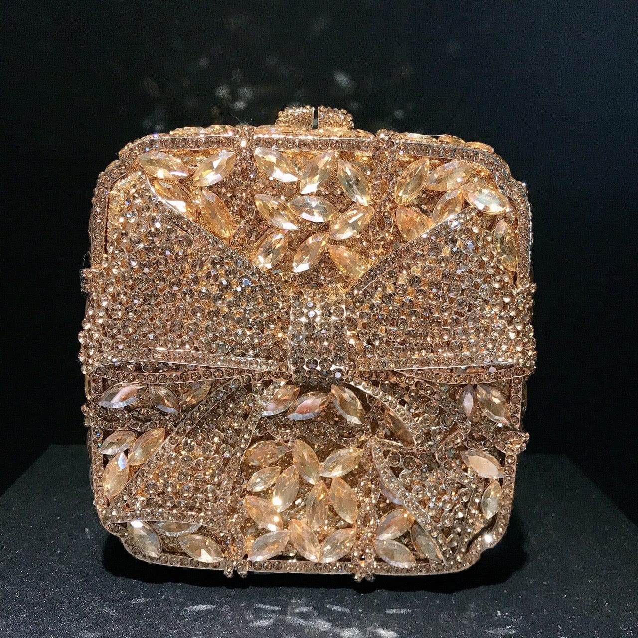 13X13X7CM / Rose Gold Luxury Female Women Evening Clutch Rhinestone Bag Square Bow Bling Evening Diamond Crystal Small Bridal Bag Clutch