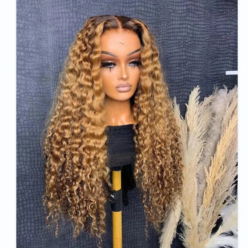 13x4 Highlight Curly Human Hair Wigs Glueless Honey Blonde Transparent HD Lace Front Wigs Double Drawn Brazilian Hair Wigs 150%