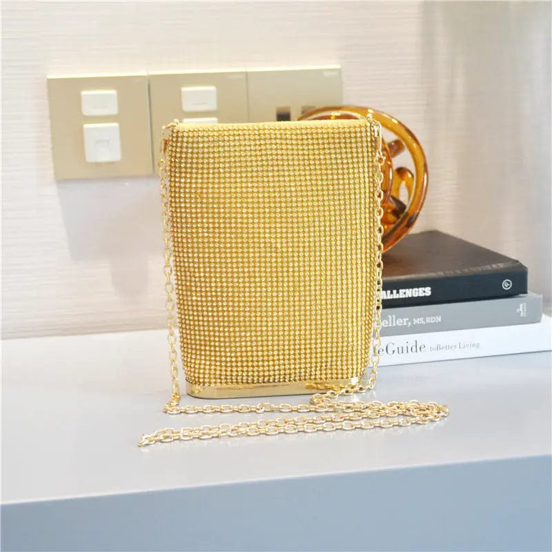 13X5X20CM / Gold New Designer Woman Sling Shinny Shoulder Bag Bucket Rhinestone Bling Clutches Ladies Dinner Wedding Crystal Bucket Handbag