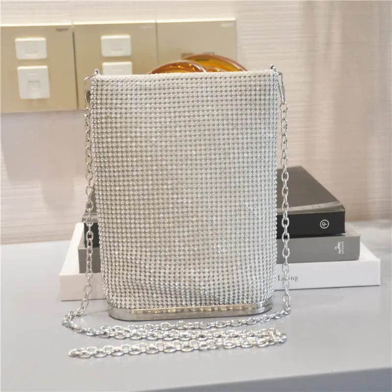 13X5X20CM / silver New Designer Woman Sling Shinny Shoulder Bag Bucket Rhinestone Bling Clutches Ladies Dinner Wedding Crystal Bucket Handbag