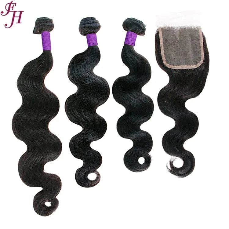 14",16",18"+ 14" 4x4 transparent lace closure / Body wave FH wholesale cheap brazilian virgin human hair bundle lace frontal 4x4 transparent lace closures with 3 raw hair bundles
