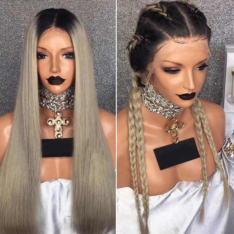 14 Inches / 1b gray ombre Straight Hair Full Lace Wigs Ombre Ash Blond Remy Brazilian Human Hair Wig Lace Front Box Braid Wig