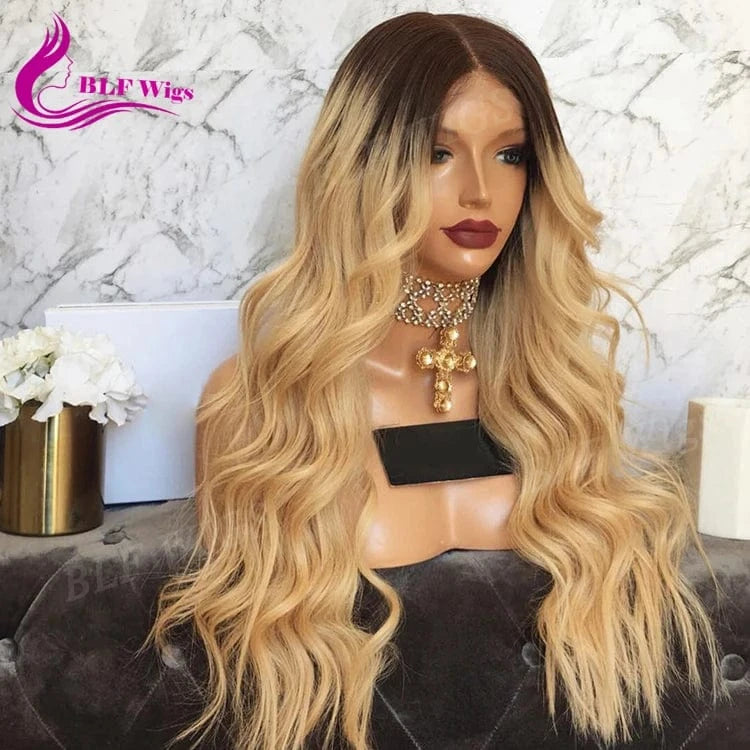 14 Inches / 4 27 ombre 4 27 Human Hair Ombre Wig Pre Plucked Brazilian Curly Blonde Lace Front Wig with Dark Roots